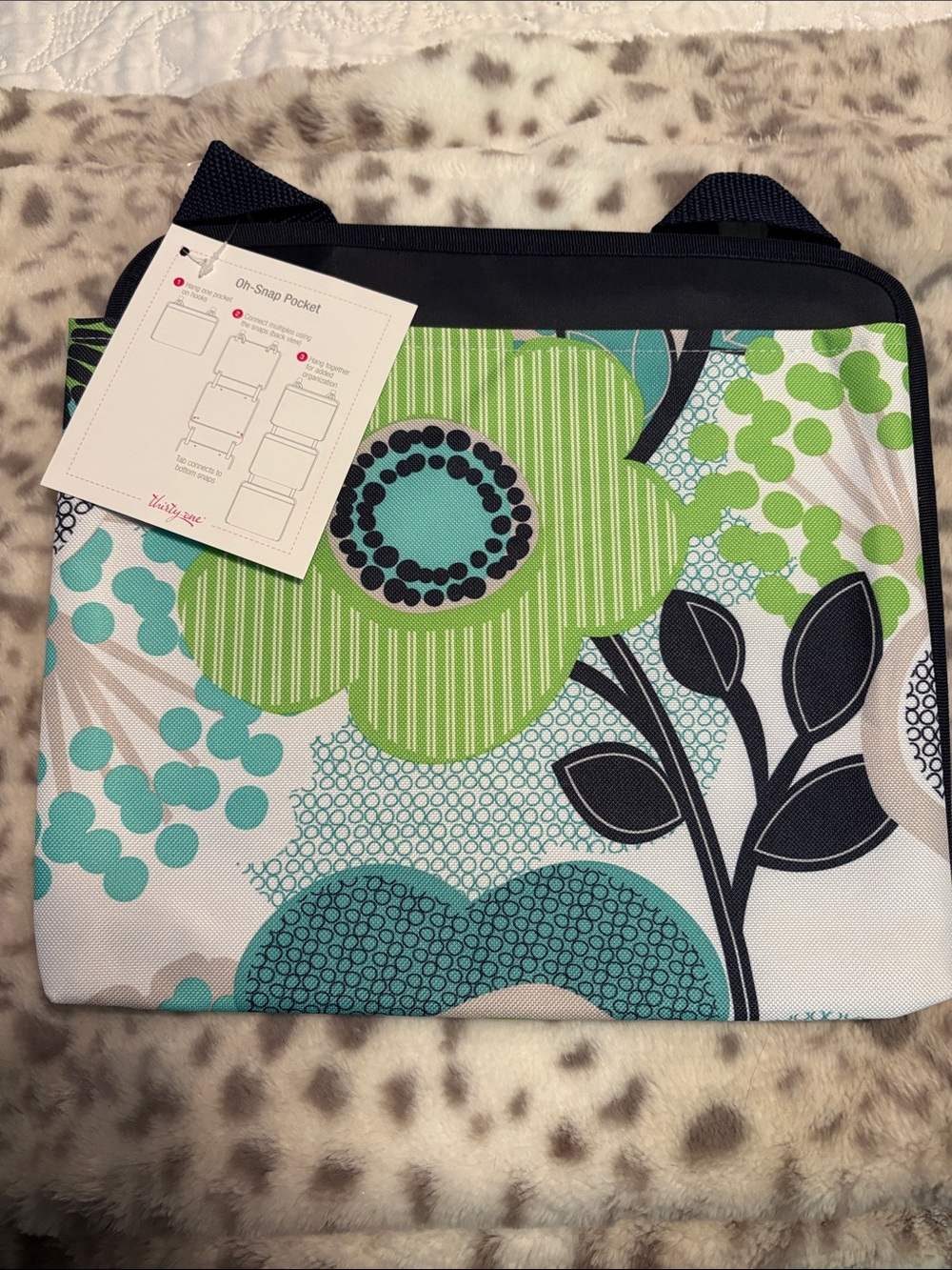 Thirty-One Green Floral Canvas Tote Bag with Navy Trim